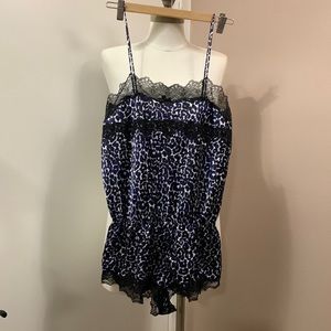 VICTORIA'S Secret Blue Leopard Print Sleep Romper With Black Lace Trim - Size S